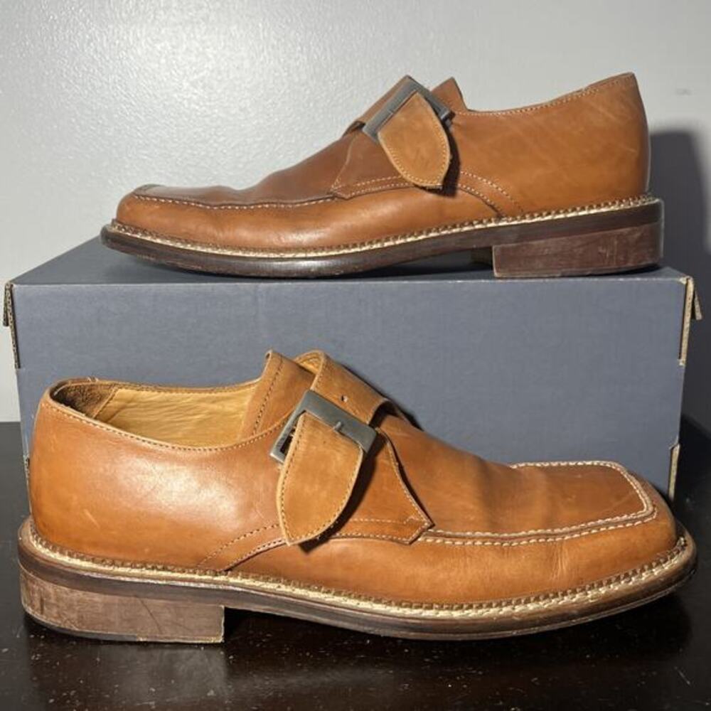 MAURIZIO BELLINI Brown Leather Square Toe Monk Strap Shoes Size 42 Made in Italy